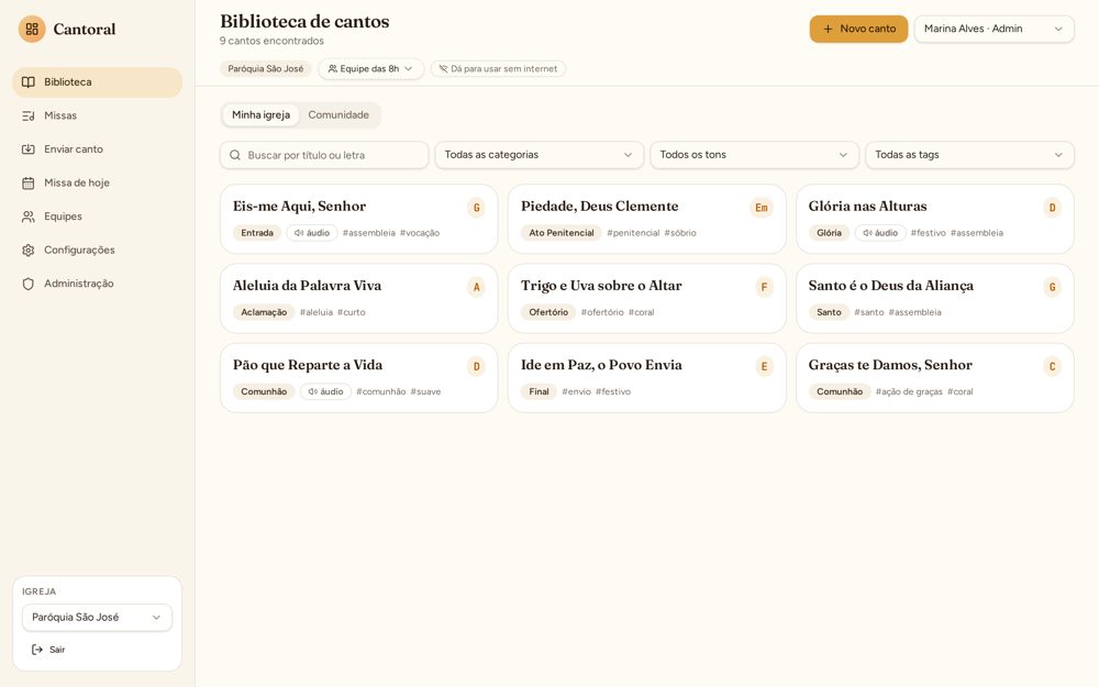 Tela do Cantarol com a biblioteca de cantos organizada